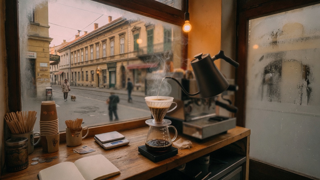 V60 na vagi, kotlić i jutarnje svjetlo
