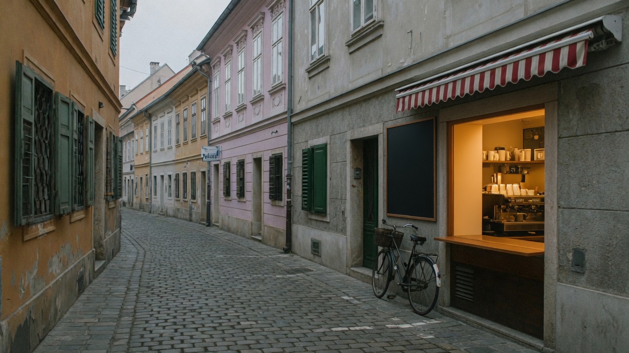 Ulica u Zagrebu, izlog kavanice ujutro